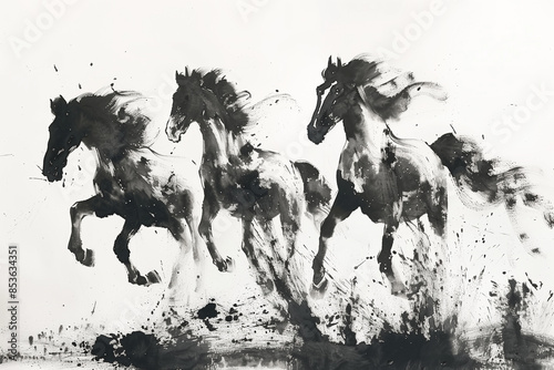 Fototapeta Naklejka Na Ścianę i Meble -  Black horses traditional Chinese ink painting on white background. 