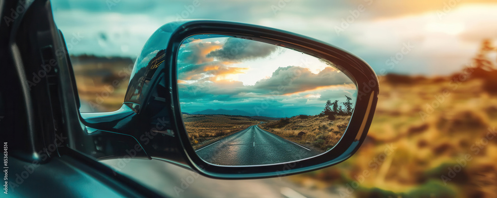 Closeup of a car mirror reflecting a scenic landscape, road trip journey, vibrant and sharp photo Closeup of a car mirror reflecting a scenic landscape, road trip journey, vibrant and sharp photo