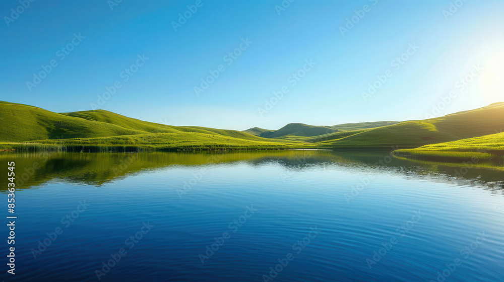 Fototapeta premium Closeup of a tranquil lake reflecting a clear blue sky, surrounded by green hills, sunlight casting a warm glow