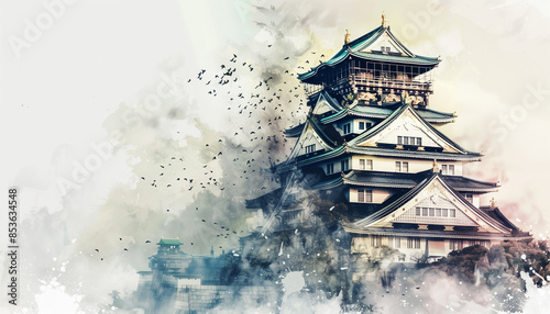 Chinese ink painting of Osaka Castle in Japan