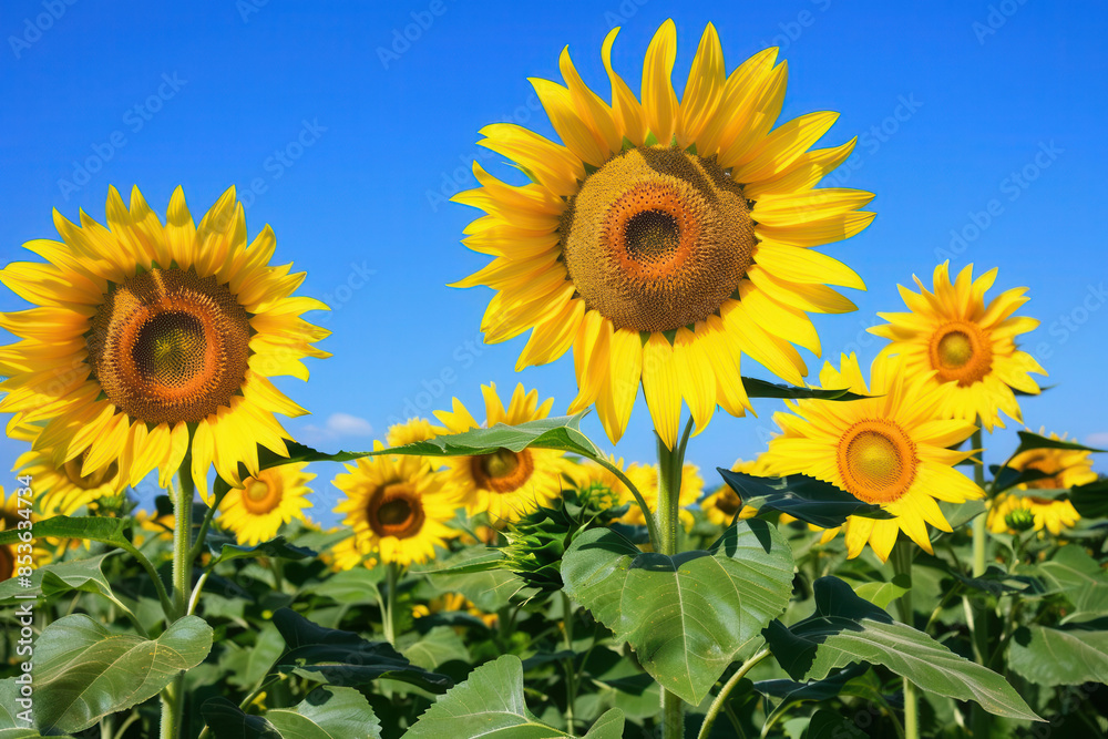Closeup of a field of sunflowers facing the sun, bright and clear sky