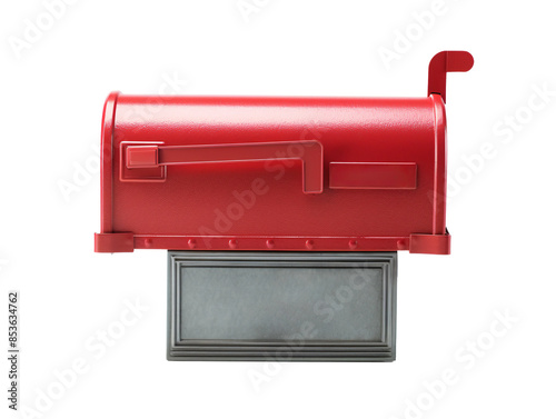 a red mailbox with a grey sign photo