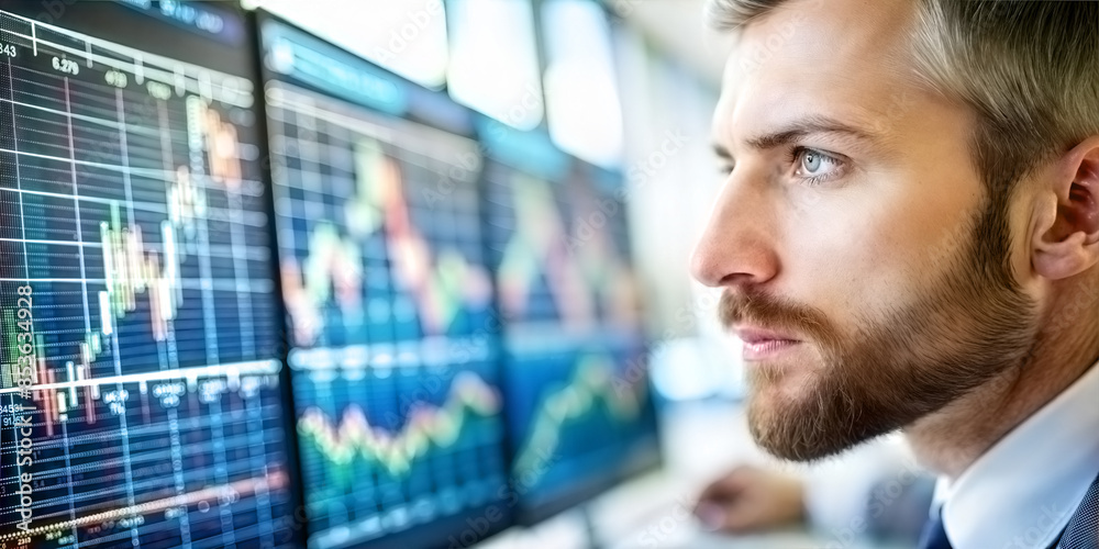 A businessman looks at monitors with economic charts in the office of a trading company. A businessman looks at monitors with economic charts in the office of a trading company.