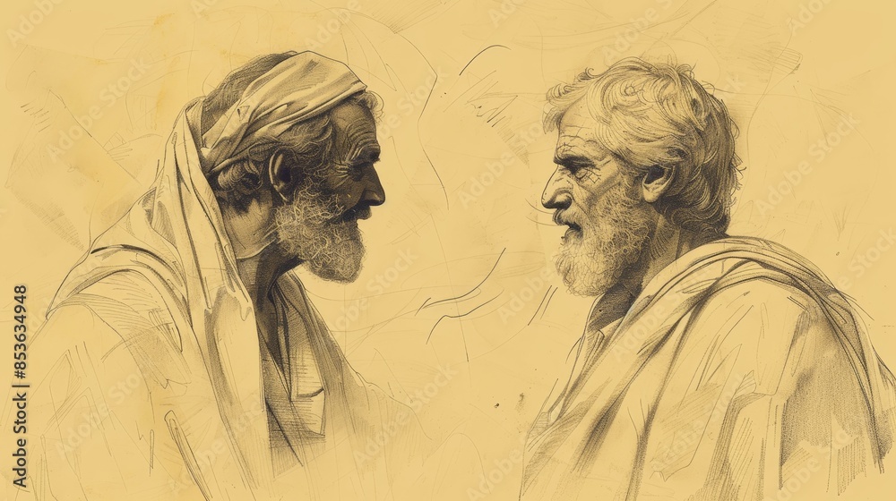 Fototapeta premium Apostle Thomas Declaring 'My Lord and My God' - Faith Affirmed - Biblical Illustration on Beige Background - Copyspace