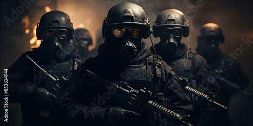 Elite Military Operatives in Stealth Gear with Firearms on Dark Background. Concept Military Operations, Stealth Gear, Firearms, Elite Operatives, Dark Background photo