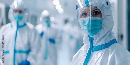 Workers in semiconductor cleanroom wearing protective gear. Concept Semiconductor Manufacturing, Cleanroom Environment, Protective Gear, Industrial Safety, Cleanroom Workers