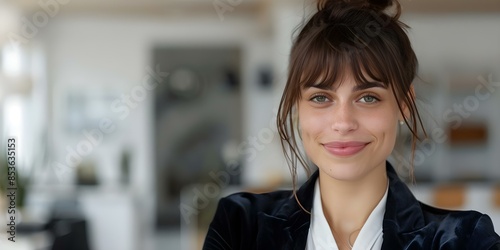Stylish woman in velvet blazer with sideswept bangs in office environment. Concept Office Fashion, Velvet Blazer, Sideswept Bangs, Stylish Woman photo