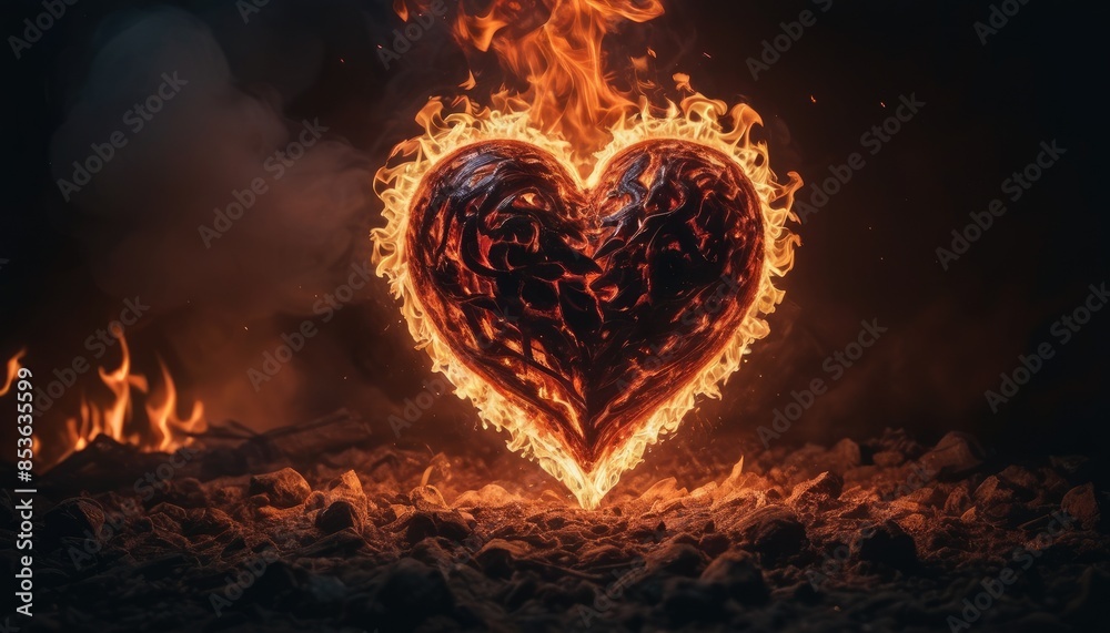 A heart engulfed in flames, radiating a powerful glow against a dark background, representing intense emotions and burning passion A heart engulfed in flames, radiating a powerful glow against a dark background, representing intense emotions and burning passion
