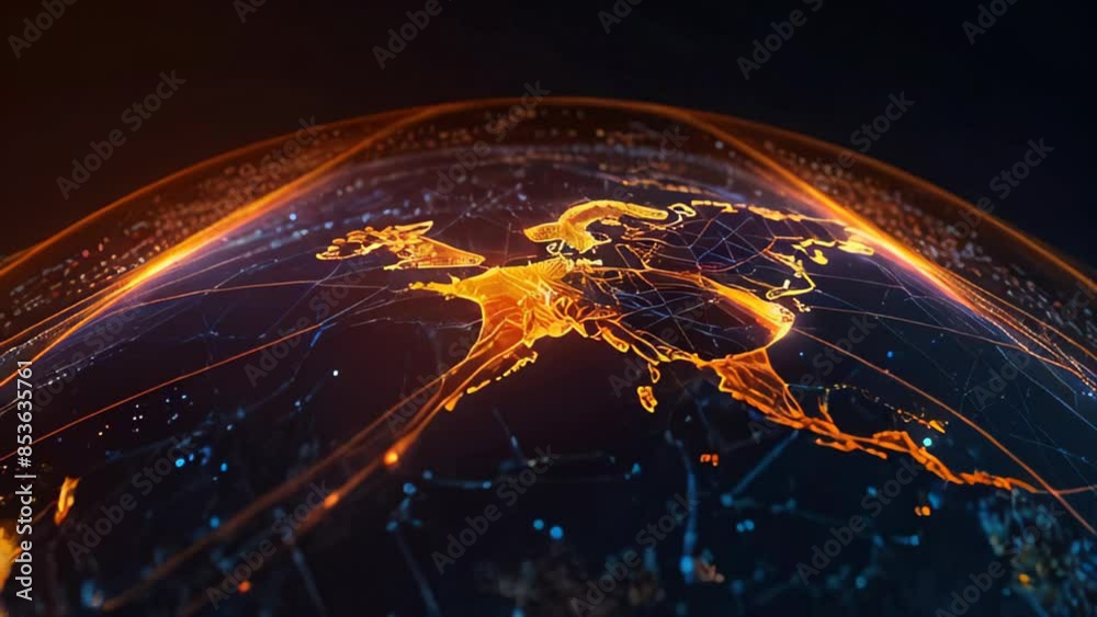 glowing digital globe illuminated with bright orange lines representing global connections. Slow motion rotation glowing digital globe illuminated with bright orange lines representing global connections. Slow motion rotation