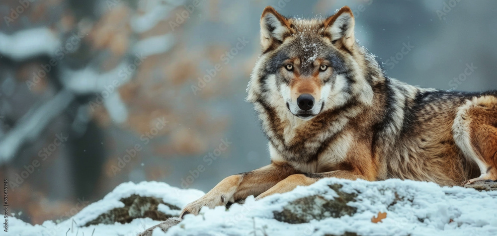 Obraz premium wolf lying on the rock at winter