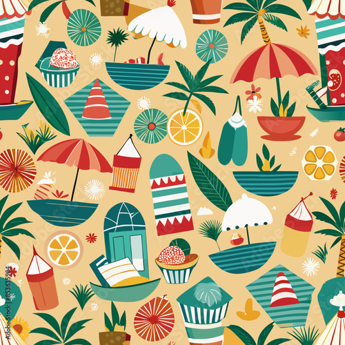 Seamless Summer Pattern with Palms and Fruits