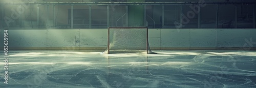 Empty ice hockey rink with sunlight streaming through, creating shadows and reflections on the ice. Perfect for winter sports and recreation themes. photo