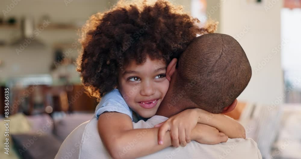 Child, hug and father with love at house for support, safety or care by bonding together in childhood. Smile, boy and man relax in embrace of gratitude, trust or security of parent in living room