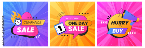 Square last time offer or hot sales banners in vibrant colors. One day sale promo covers with stopwatch and megaphone icon. Discount promotion poster template for social media, online shopping website