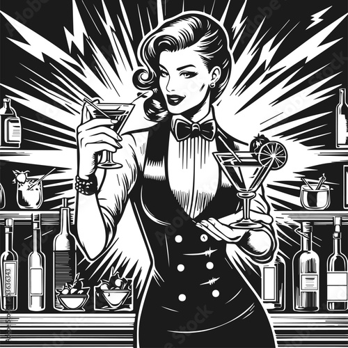 black and white image of a bartender mixing a cocktail