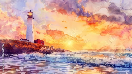 Lighthouse standing tall against a vibrant sunset, ocean waves gently crashing, watercolor, warm colors, serene ambiance