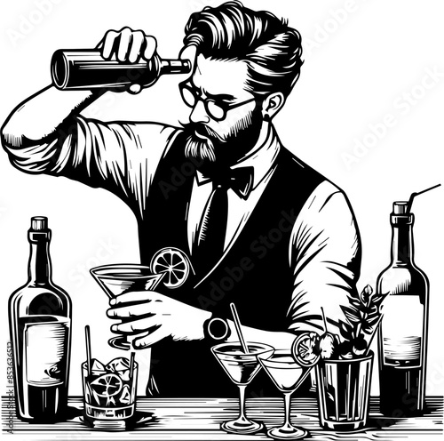 black and white image of a bartender mixing a cocktail