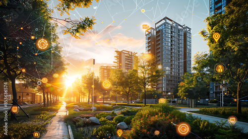 An urban park with smart city technology, connected buildings and digital icons symbolizing innovation and sustainability. In the background is an apartment complex surrounded by trees under sunlight.