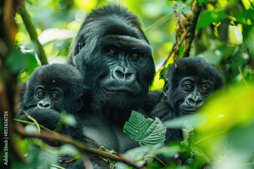 A family of mountain gorillas sitting in a dense forest, the silverback watching protectively over his group while young gorillas play nearby.