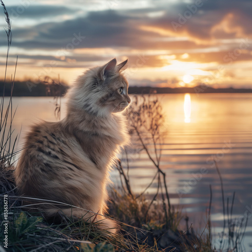 A beautiful cat is looking at the sunset綺麗な猫が夕日を見つめている photo