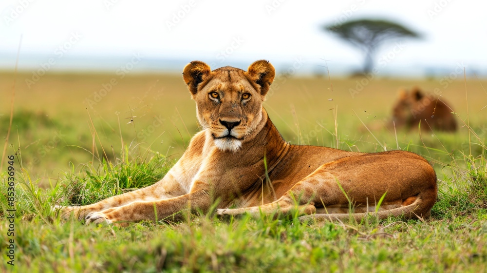 Obraz premium capture lion lying on grass in savannah