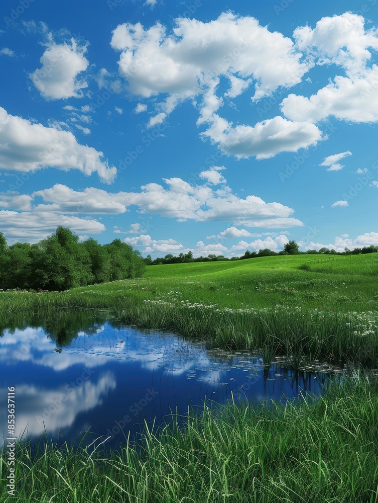 Serene Grass Field and Reflective Pond in Natural Tranquility Serene Grass Field and Reflective Pond in Natural Tranquility