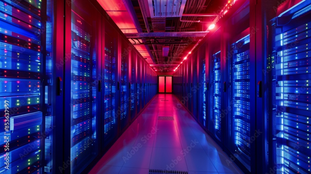 Secure Data Center Network Monitoring: Rows of Servers with Flashing Red Lights in Modern Blue and Red Hues Secure Data Center Network Monitoring: Rows of Servers with Flashing Red Lights in Modern Blue and Red Hues