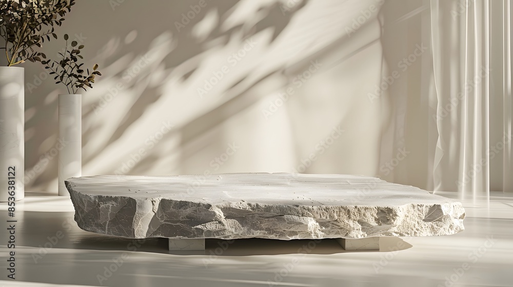 3D illustration of a blank stone podium designed for showcasing cosmetics, featuring a sleek and minimalist design 3D illustration of a blank stone podium designed for showcasing cosmetics, featuring a sleek and minimalist design