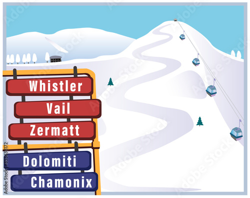 Ski slopes with signs pointing to famous ski resorts around the world