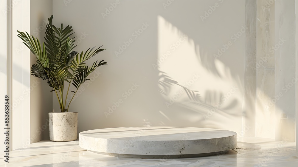 Visual mock-up of a blank stone podium illustration, tailored for cosmetic presentations with a focus on simplicity and visual appeal Visual mock-up of a blank stone podium illustration, tailored for cosmetic presentations with a focus on simplicity and visual appeal