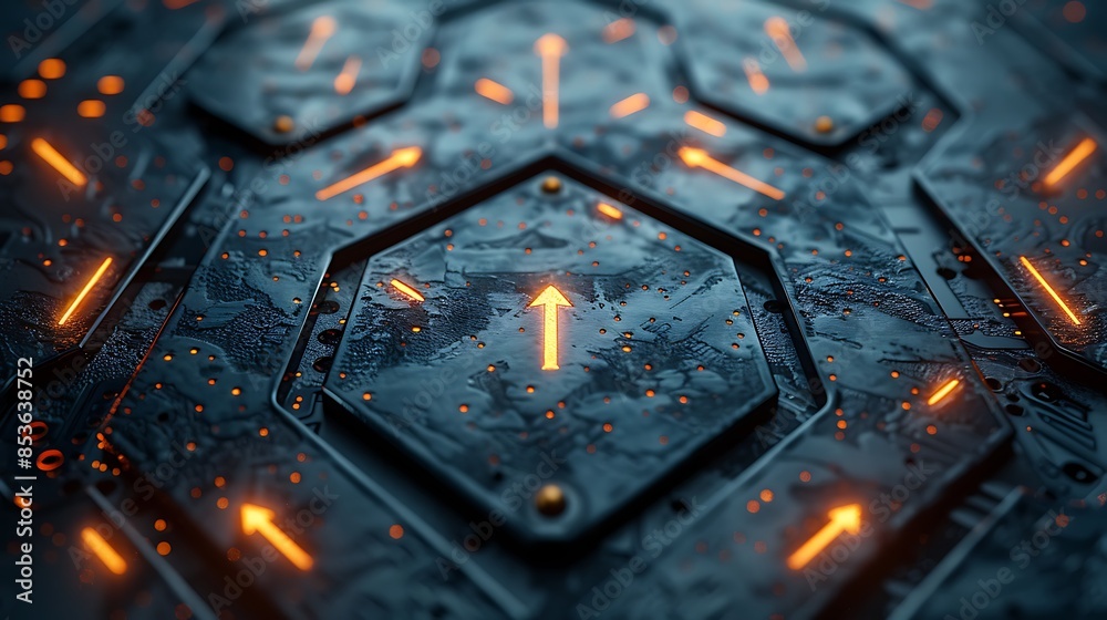 A modern design featuring sleek metallic arrows on a brushed steel background. The arrows create a sense of direction and movement, enhancing the high-tech industrial aesthetic. A modern design featuring sleek metallic arrows on a brushed steel background. The arrows create a sense of direction and movement, enhancing the high-tech industrial aesthetic.