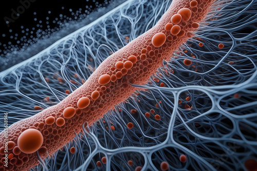 A detailed microscopic view of cells, ideal for illustrating viruses and bacteria. This medical and healthcare illustration is perfect for pharmaceutical and medical device marketing