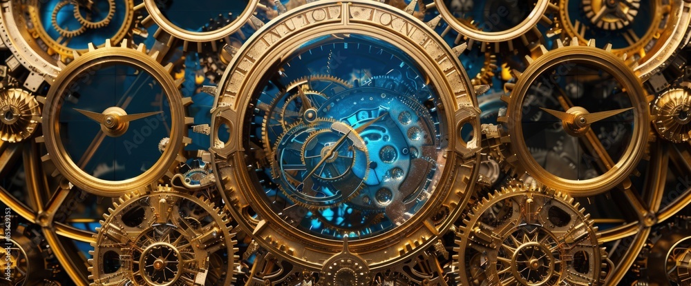 A clock face with many gears and a blue background A clock face with many gears and a blue background