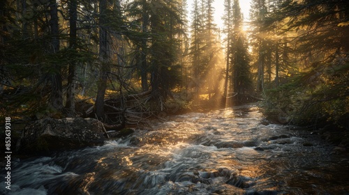 Fototapeta Naklejka Na Ścianę i Meble -  A flowing creek flows through a dense pine forest with the afternoon sunlight filtering through the trees glistening on the surface of the water. They are more prominent along the stream banks.