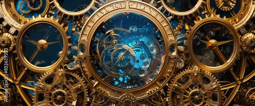 A clock face with many gears and a blue background