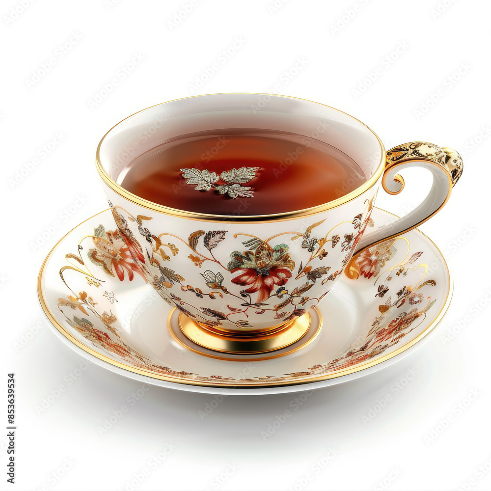 Porcelain mug with a floral pattern and gilding with tea on a saucer close-up, isolated, on a white background. Illustration for advertising porcelain dishes and tea.
