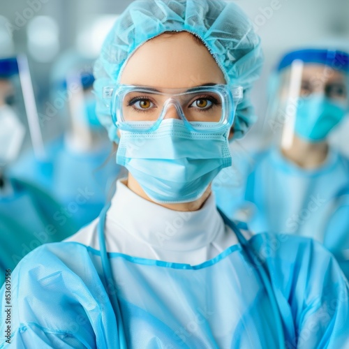 A female medical professional in full PPE, looking directly at the camera with a serious expression. She is surrounded by other medical staff, all wearing protective gear.