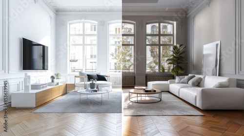 Apartment living room before and after restoration or refurbishment. Renovation concept.
