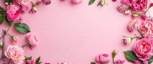 Pink floral border frame on pink background with copy space and flat lay