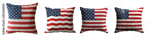 Four American flag-themed pillows arranged in a row, showcasing a patriotic home decor style with stars and stripes design Transparent Background 