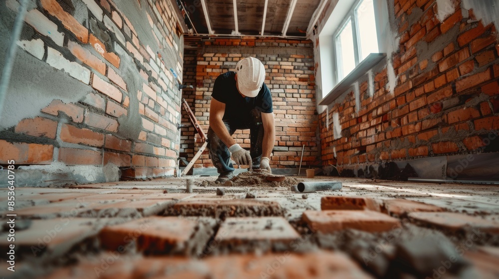 Photo of a bricklayer building a brick wall inside a house. Photo of a bricklayer building a brick wall inside a house.