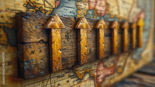 A vibrant design featuring rustic wooden arrows on a vintage map background. The map has intricate cartographic details, and the wooden arrows add a sense of adventure