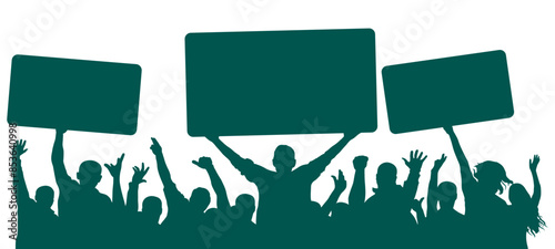 People holding banners on background of cheerful crowd people, silhouette. Audience agitation. Vector illustration