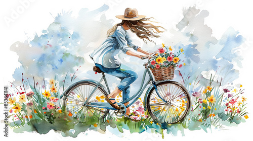 Fototapeta Naklejka Na Ścianę i Meble -  Watercolor illustration of a young woman ride on bicycle on the flowers background