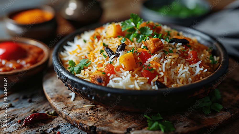 A Plate Of Indian Chicken Biryani with Rice and Chutney On Blurry Background A Plate Of Indian Chicken Biryani with Rice and Chutney On Blurry Background