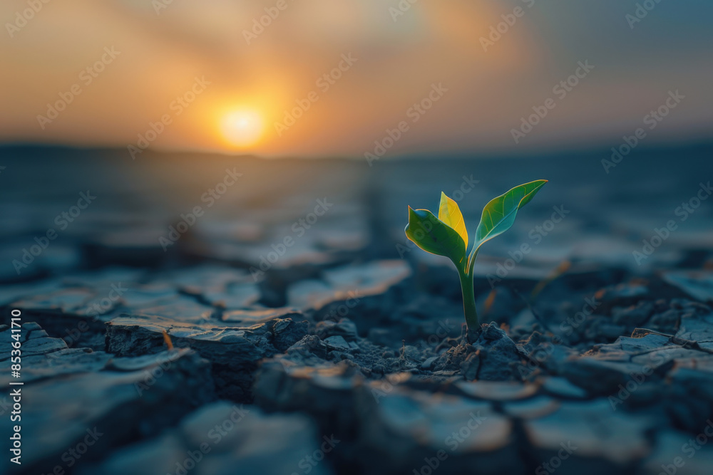 Small plant is struggling to grow on cracked earth, reminding us of the importance of saving water during droughts Small plant is struggling to grow on cracked earth, reminding us of the importance of saving water during droughts