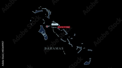 Stylized Bahamas map with Nassau capital city and geographic coordinates on black background. Motion graphic vfx digital animation