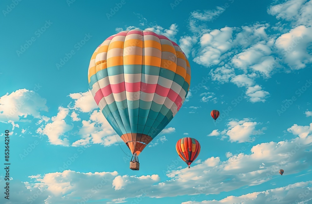 Fototapeta premium Hot Air Balloon Ride in blue sky white clouds background for wide banner of travel agency or adventure tour,Aerostat flying above clouds,International Balloon Fiesta.