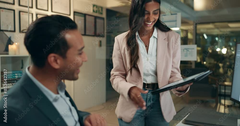 Teamwork, tablet and business people on computer high five for planning, collaboration and discussion. Corporate, finance company and man and woman with statistics, graph and financial analysis