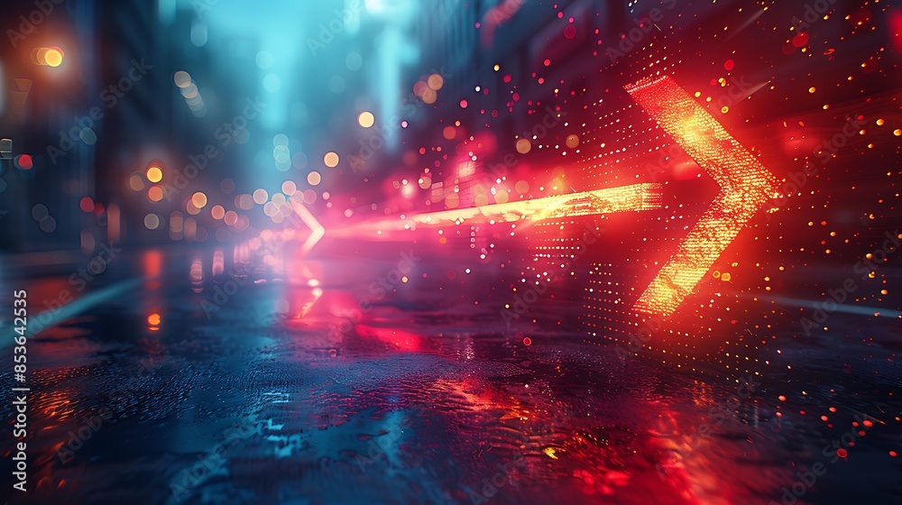 An abstract design featuring arrows moving dynamically in a traffic-like flow on a cityscape background. The arrows are brightly colored, creating a sense of motion 